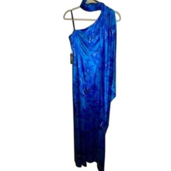 Vince Camuto Blue Floral Mock Neck One-Shoulder Gown Size 8 NWT - Picture 6 of 8